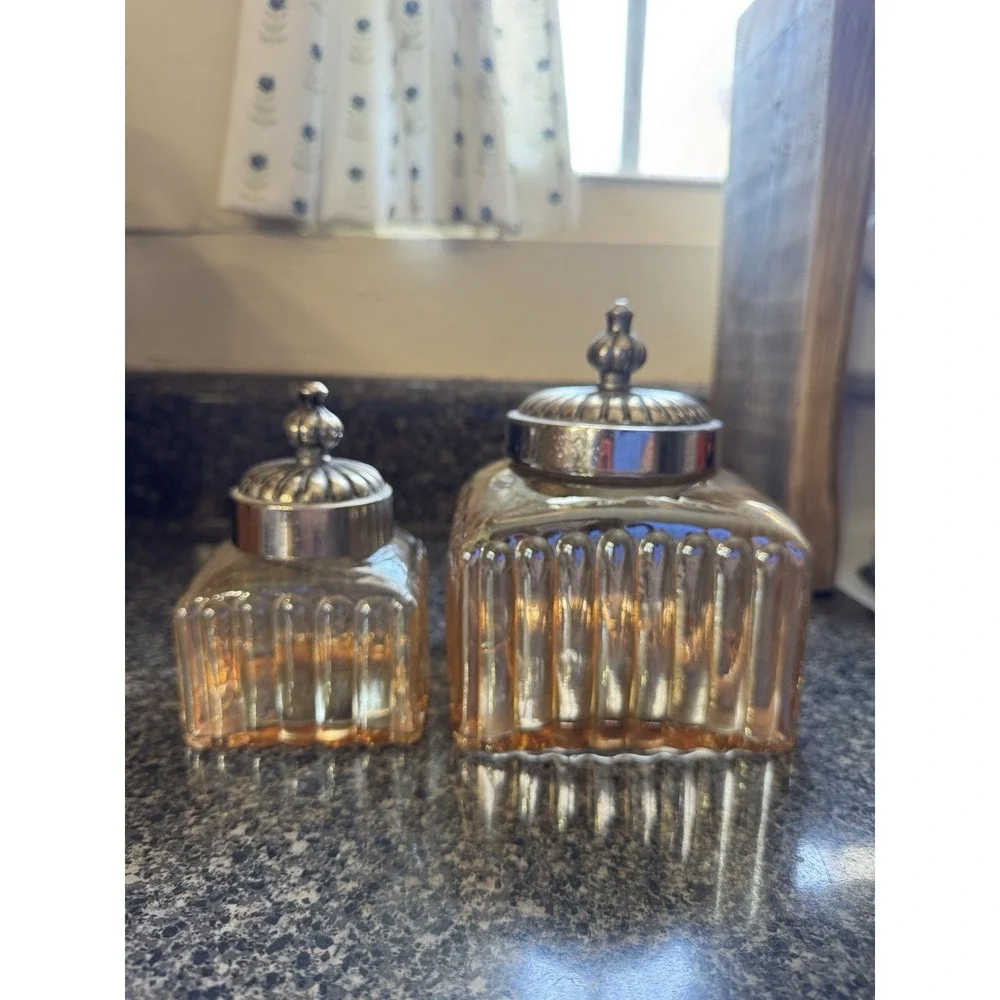 2- ANDREA by SADEK CANISTER/CONTAINERS Iridescent Amber/Gold‎  Silver Tone Lids